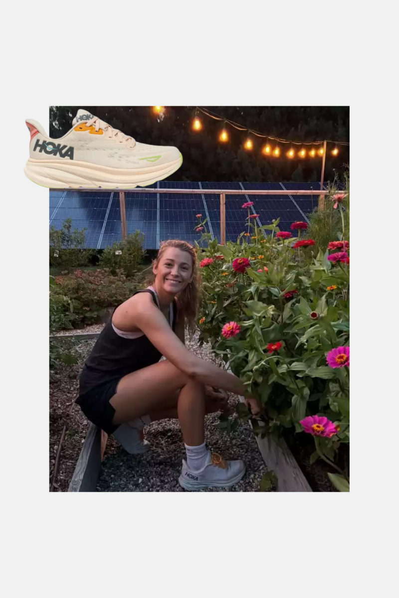 Blake Lively tending to her garden while wearing Hoka Clifton 9 sneakers