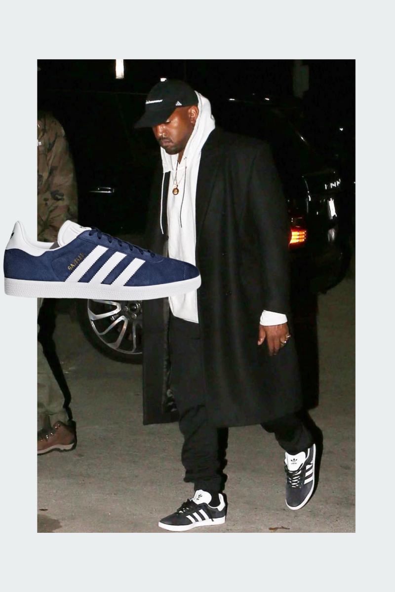 Kanye west wearing Gazelle shoes in collegiate navy/white/gold metallic