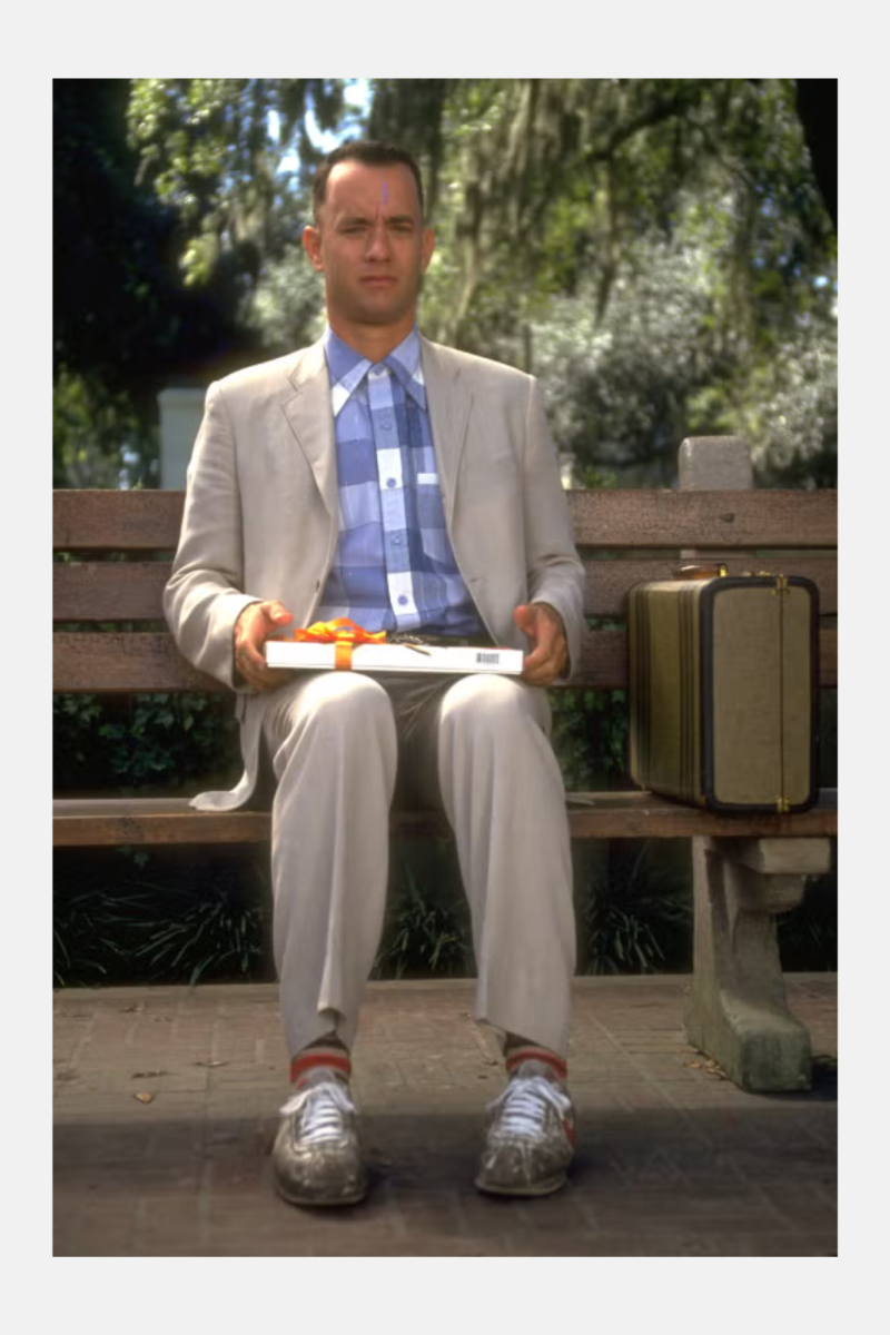 Illustration of Forrest Gump sitting on a bench from the "Forrest Gump" film