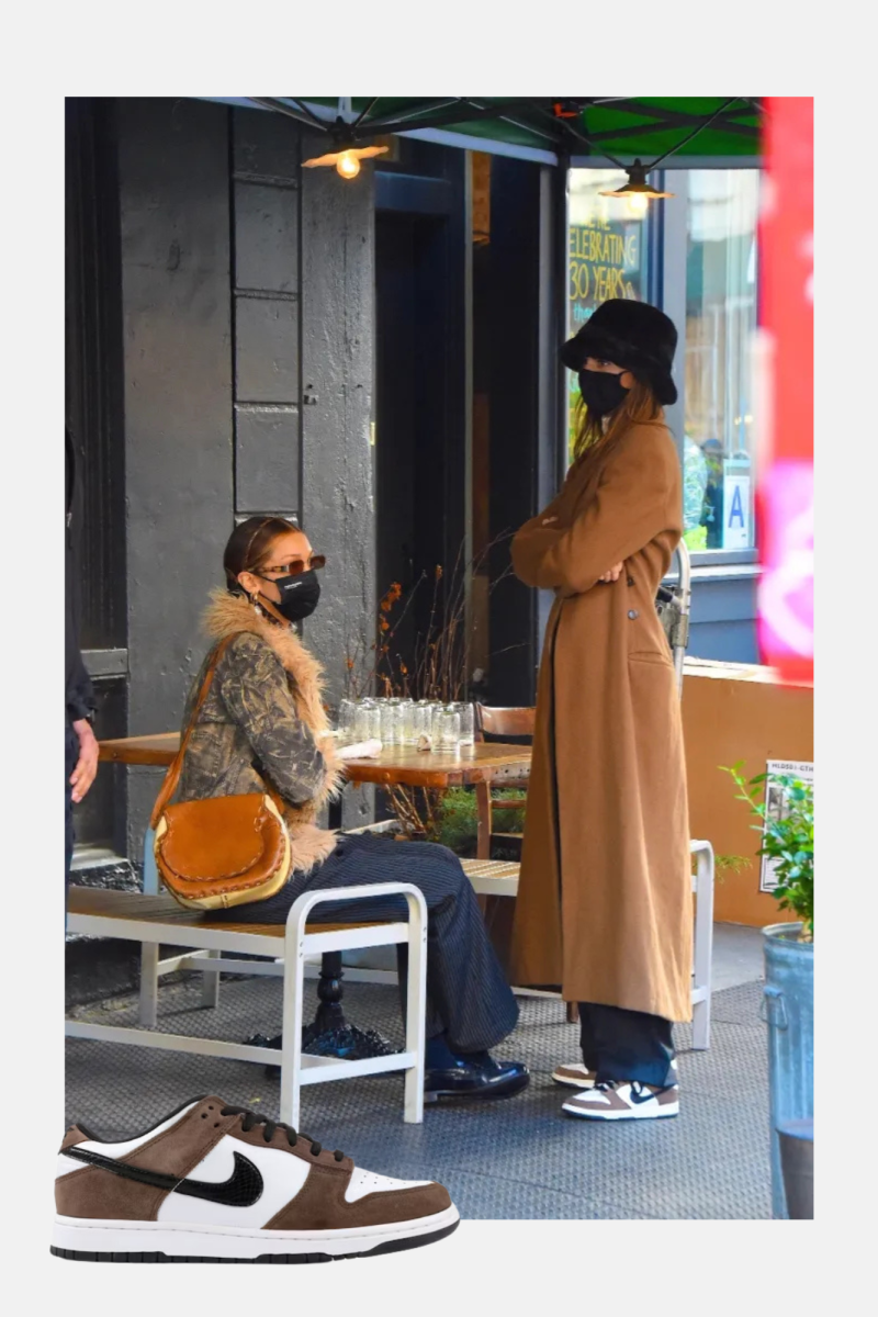 Left, Bella Hadid, right, Kendall Jenner wearing Nike Dunk Lows 